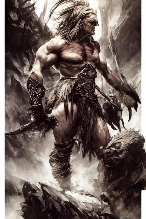 Image similar to photography of jesper ejsing, deep focus, dolph lundgren as destruction of the endless, the sandman, herculean conan the barbarian,. d & d, fantasy, intricate, elegant, highly detailed, digital painting, artstation, concept art, matte, sharp focus, illustration, hearthstone, art by artgerm and greg rutkowski and alphonse mucha