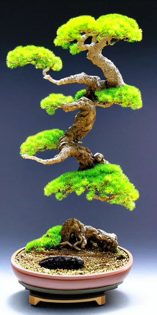 Prompt: a terrarium with bonsai miniature japanese's town minimalist table, lit from the side