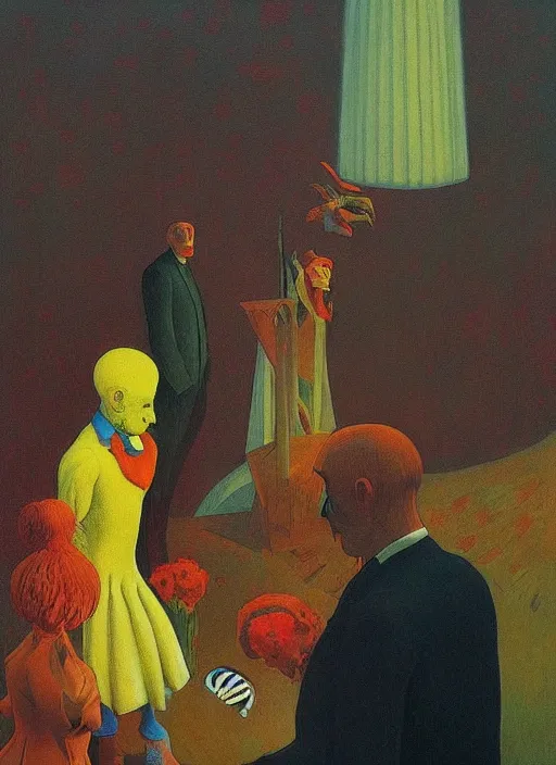 Image similar to clown at a funeral by Anton Bilibin, Edward Hopper and James Gilleard, Zdzislaw Beksinski highly detailed