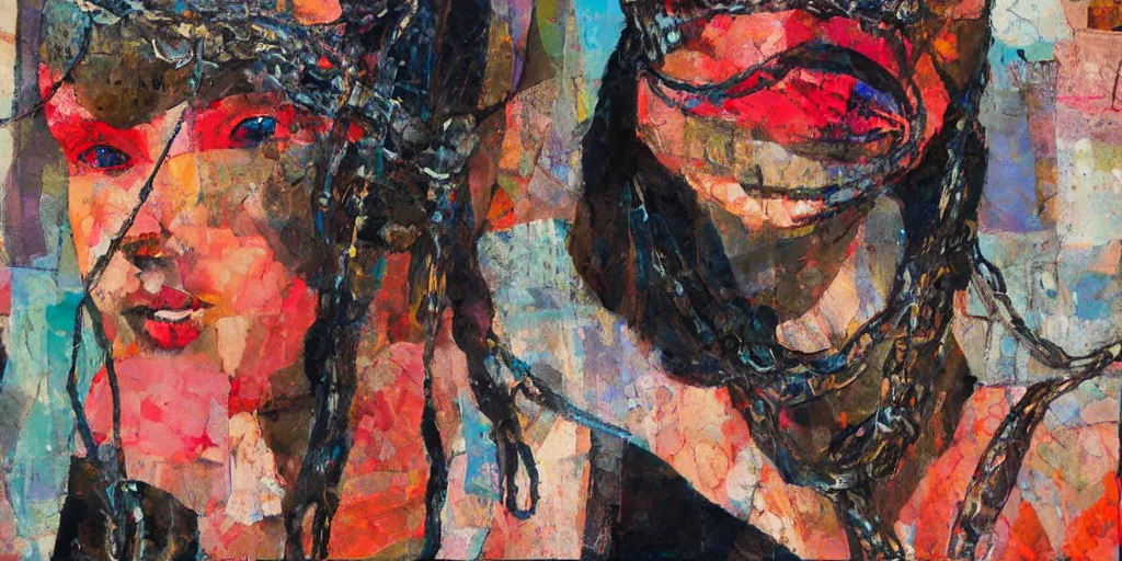 Prompt: girl in balaclava, chain around, collage, acrylic on canvas, expressionism movement, breathtaking detailed, by blake neubert