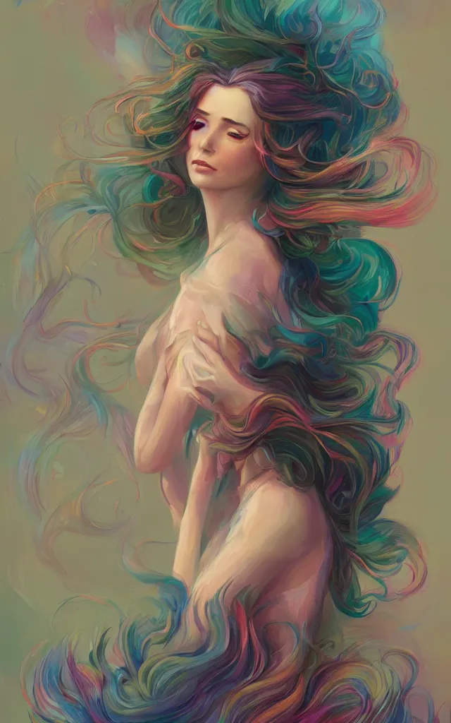 Image similar to a colorful and provenance illustrations painting of the fantasy female who with floral wing, highly detailed, her hair made of hair made of air wind and curling smoke, mist, dust, genie, spirit fantasy concept art, art by charlie bowater and ketner, jeremiah, trending on artstation.