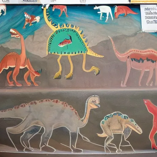 Prompt: cave painting of dinosaurs shopping at costco