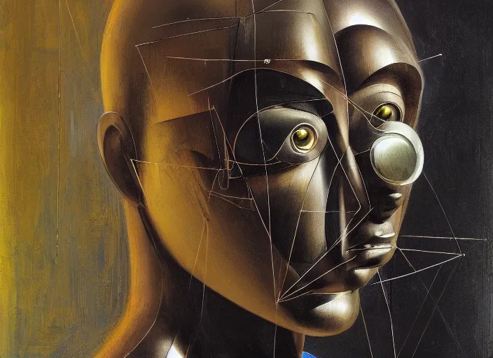 Image similar to a portrait headshot of sci fi metallic human, bright eyes, melancholic complex geometric figure liminal machinery by oskar schlemmer, moebius, john berkey, film grain, oil on canvas, portrait facial head, featured on artstation, hd wallpaper, 8 k