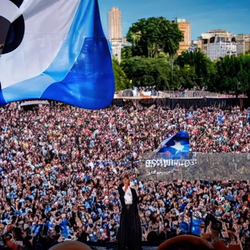 Image similar to Lady Gaga as president, Argentina presidential rally, Argentine flags behind, bokeh, giving a speech, detailed face, Argentina