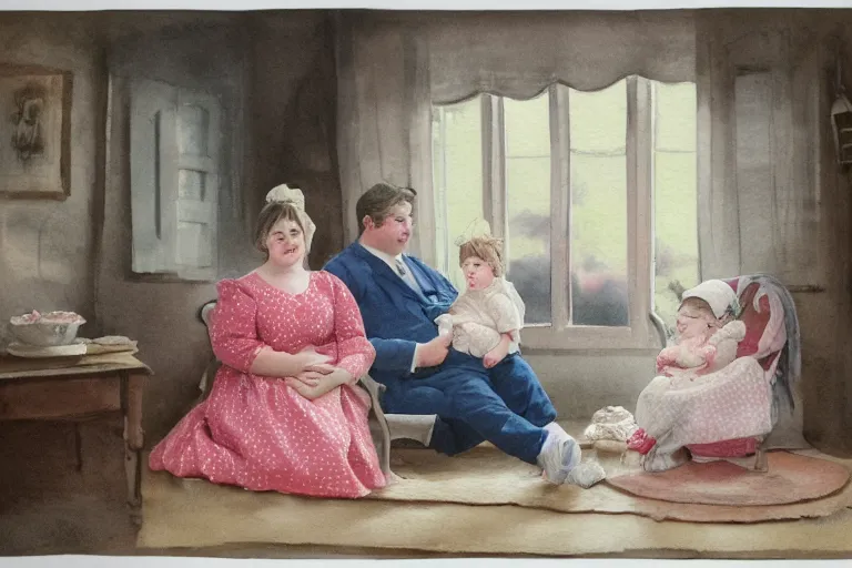 Image similar to charming and chubby parents and their very fat baby girl, wearing a polka dot cloths and a victorian - style hairdo, sits in the large and bright studio. sunlight enters through the barred window. delicate watercolor and pencil on canvas. beautiful lighting, 4 k post - processing, highly detailed, 5 k extremely detailed, 3 d. cinematic scene.