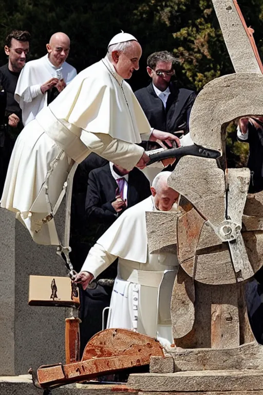 Image similar to the pope cutting a statue of jesus on the cross with a chainsaw