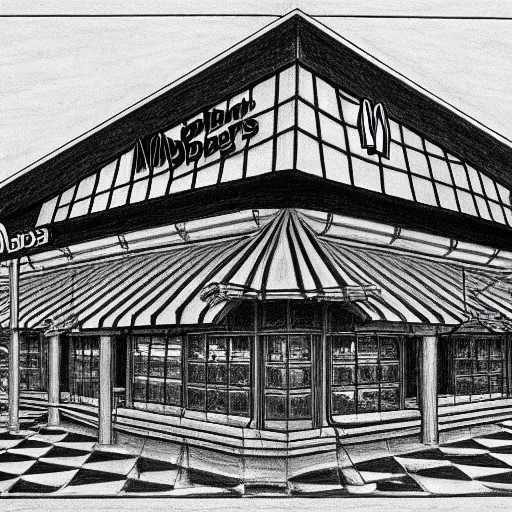 Image similar to drawing of mcdonalds restaurant building, highly detailed, smooth, sharp focus, drawing by m. c. escher