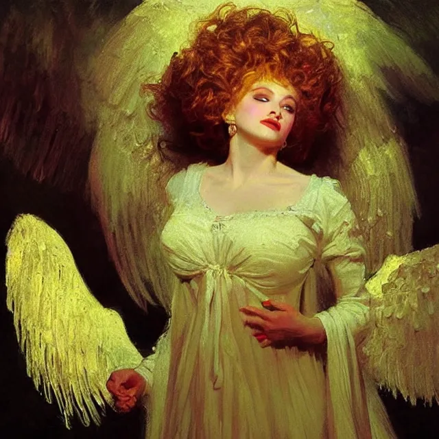 Prompt: high quality high detail painting by ilya repin depicting dolly parton as a beautiful angel, glow