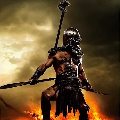 Prompt: “Leónidas king from 300 Spartans zack Snyder attacks in battle with spear epic dark background artwork intricate low angle wearing torn spartan helmet with red crest broom”