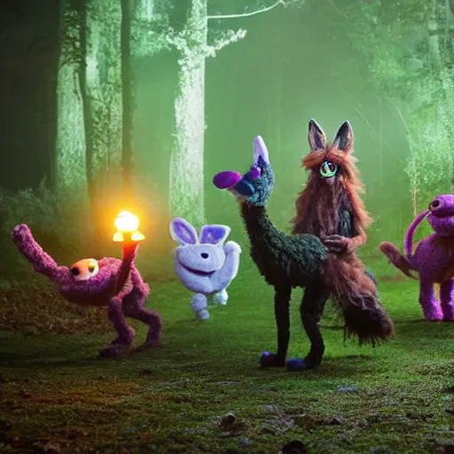 Image similar to a large druid fox muppet wearing a cloak holding a lit torch and herding a bunch of random muppet animals following behind through a dark felt forest at night, sesame street, photograph, photography, ultrarealistic, national geographic