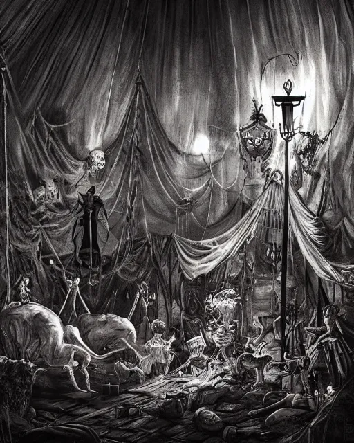 Image similar to the little circus of horrors, circus tent outside, creepy, hyper realistic, ambient lighting, horror art, intricate, hyper detailed, smooth