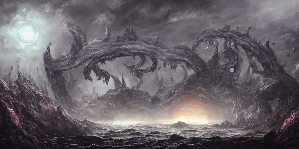 Image similar to concept art of giant whale, lava rocks, lovecraftian, renaissance, roaring, melting horror, round moon, rich clouds, fighting the horrors of the unknown, overgrown forest, very detailed, volumetric light, mist, fine art, decaying, textured oil over canvas, epic fantasy art, very colorful, ornate scales