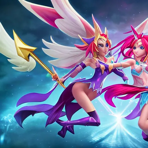 Prompt: star guardian xayah and star guardian kai'sa are friends, league of legends, by weta digital, 3 - dimensional, photograph, hyper relealistic, rays of shimmering light