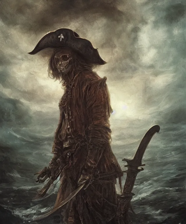 Image similar to ultra realistic color portrait painting of a tranparent 1 7 th century pirate ghost with a sword in a grotto, dark, painted, brooding, atmospheric, seascape, horror, smooth, epic, highly detailed, cinematic, by leesha hannigan, ross tran, thierry doizon, kai carpenter