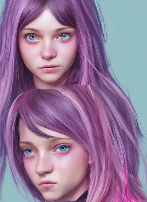 Prompt: highly detailed concept art for the main character in the award winning film named life is better in pink. the character is a unnaturally beautiful teenage girl with deep dark blue cute detailed eyes and long curled pink dyed hair, wearing light pink clothes. realistic cg render, anatomically correct, high key lighting, trending on art station, vibrant colors.