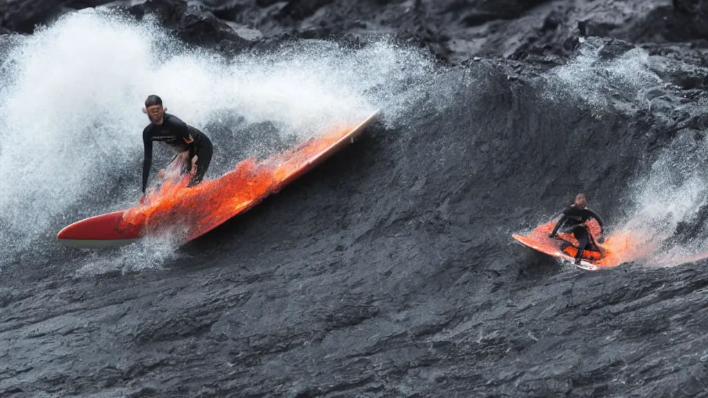 Image similar to person wearing a sponsored team jersey with logos surfing down a river of lava on the side of a volcano on surfboard, action shot, dystopian, thick black smoke and fire, sharp focus