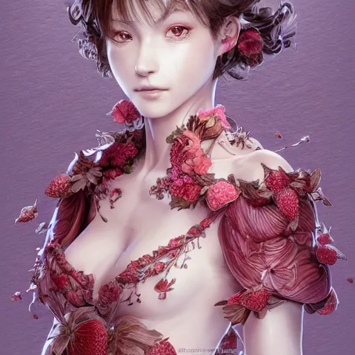 Image similar to the face of an absurdly beautiful, graceful, elegant, sophisticated, fashionable young gravure idol made of strawberries and white petals, an ultrafine hyperdetailed illustration by kim jung gi, irakli nadar, intricate linework, bright colors, octopath traveler, final fantasy, unreal engine 5 highly rendered, global illumination, radiant light, detailed and intricate environment