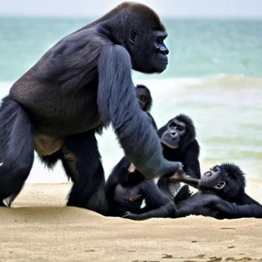 Prompt: gorillas fighting a war on a beach in France