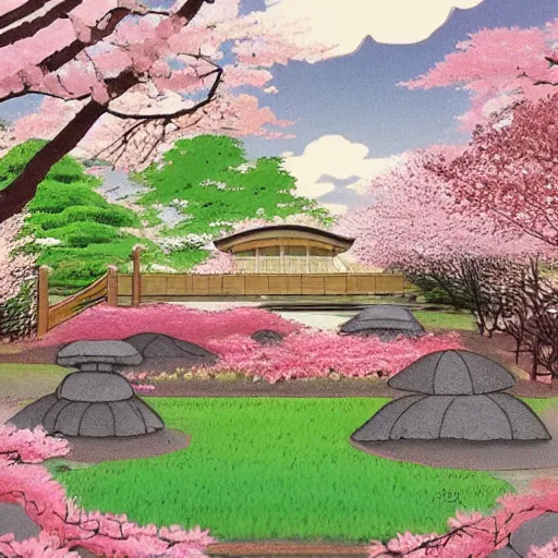 Image similar to peaceful, zen garden, cherry blossoms, studio ghibli