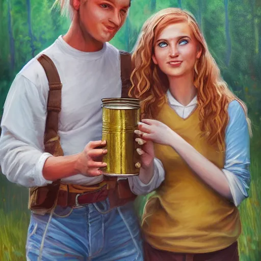 Image similar to a highly detailed painting of a young couple holding a tin can, hjalteyri, summer, blonde hair, trending on artstation,