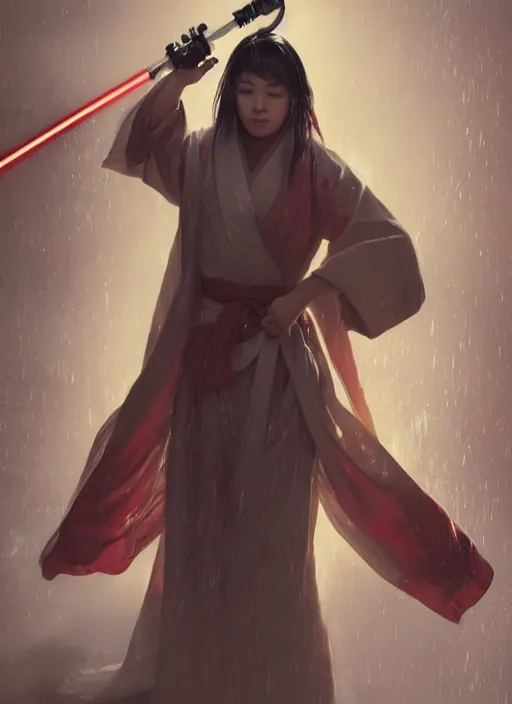 Prompt: a Photorealistic dramatic hyperrealistic render of an an Asian woman dressed in a kimono wielding two lightsabers, in the rain dramatic lighting, by WLOP,Artgerm,Greg Rutkowski,Alphonse Mucha, Beautiful dynamic dramatic dark moody lighting,shadows,cinematic atmosphere,Artstation,concept design art,Octane render,8K