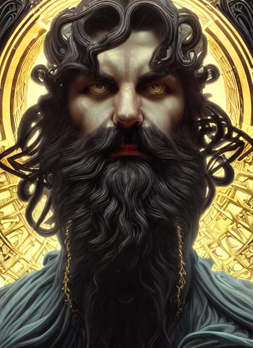 Prompt: angry god zeus, wavy black hair, bushy beard, glowing eyes, volumetric lights, cyan and gold scheme, art nouveau botanicals, gothic, intricate, highly detailed, digital painting, artstation, concept art, smooth, sharp focus, symmetric face, illustration, steampunk, art by artgerm and greg rutkowski and alphonse mucha