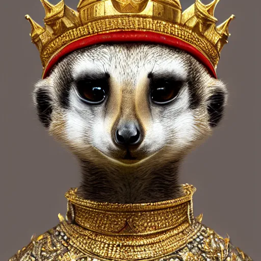 Prompt: detailed photorealistic painting of a meerkat wearing a highly detailed ornamented gold crown with diamonds, in a medieval knight armor with red cape , sharp focus in the style of ruan jia, Mandy jurgens, cinematic light, concept art, trending on artstation, ultra realistic