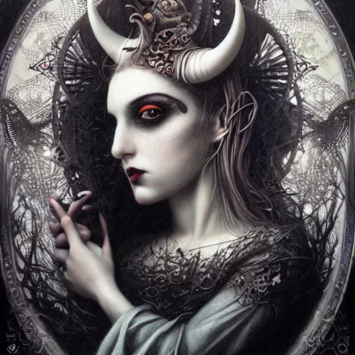 Prompt: By Tom Bagshaw, ultra realist soft painting portrait of curiosities carnival by night, very beautiful horned single zynoid gothic fully dressed fading, symmetry accurate features, very intricate details, ominous sky, black and white, volumetric light clouds