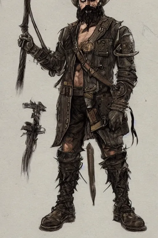 Image similar to character design, reference sheet, 40's adventurer, black beard, stained dirty clothing, straw hat, heavy boots, leather bomber jacket, detailed, concept art, , art by Frank Frazetta