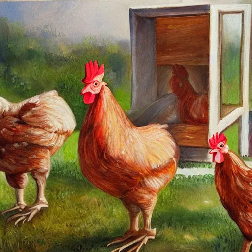 Image similar to chickens putting human beings in coops, oil painting, hyper realistic