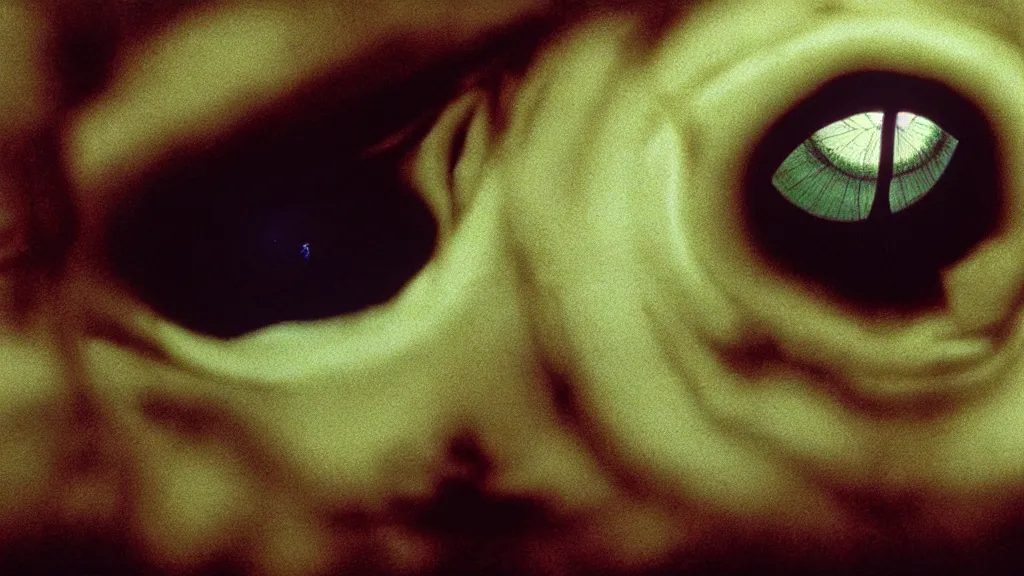 Image similar to the strange creature in my eye, film still from the movie directed by denis villeneuve and david cronenberg with art direction by salvador dali and zdzisław beksinski, wide lens