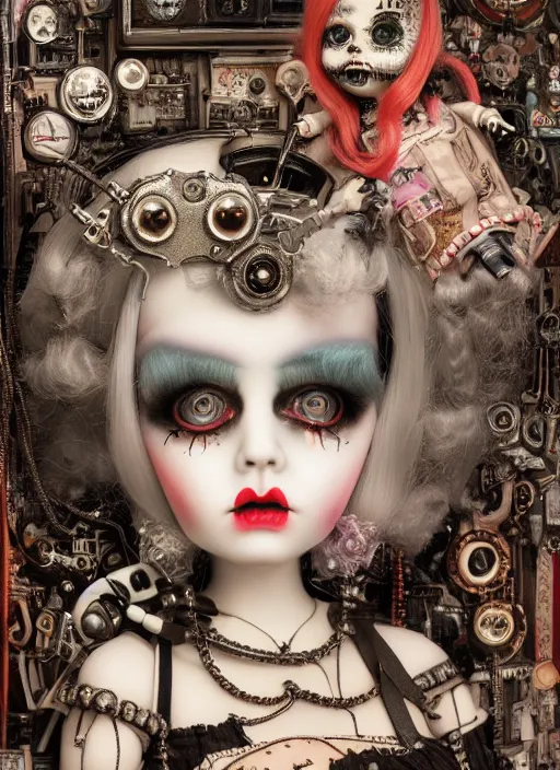 Prompt: highly detailed wide - angle portrait of a retro mechanical goth doll, nicoletta ceccoli, mark ryden, lostfish, earl nore, hyung tae, frank frazetta, global illumination, detailed and intricate environment