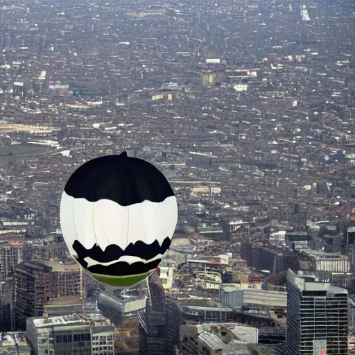 Image similar to blimp. over a city with a picture of a cow