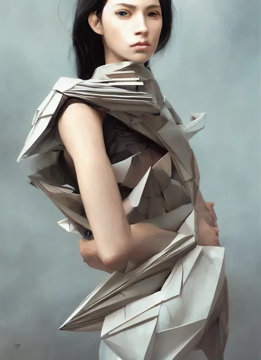 Image similar to a professional painting of a beautiful young female, wearing an origami kimono, olive skin, long dark hair, beautiful bone structure, symmetrical facial features, intricate, elegant, digital painting, concept art, smooth, sharp focus, illustration, from Metal Gear, by Ruan Jia and Mandy Jurgens and Artgerm and William-Adolphe Bouguerea