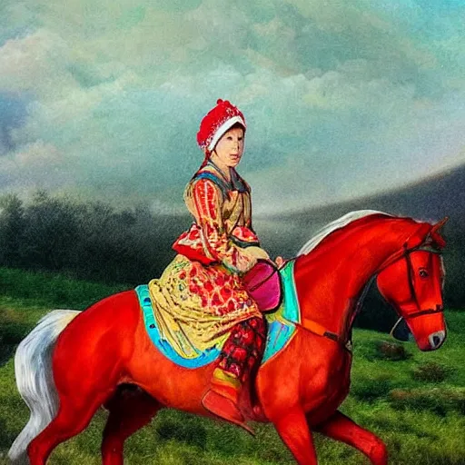 Image similar to The digital art shows the heroine riding on a magnificent red horse. She is clad in a traditional Russian folk costume, complete with a brightly-colored headscarf. Her face is pale and beautiful, with a look of resolve in her eyes. Behind her, the horse's hooves churn up the earth as they gallop across the countryside. In the distance, the dark forest looms, its trees reaching up into the sky. raypunk by Tim Walker sad