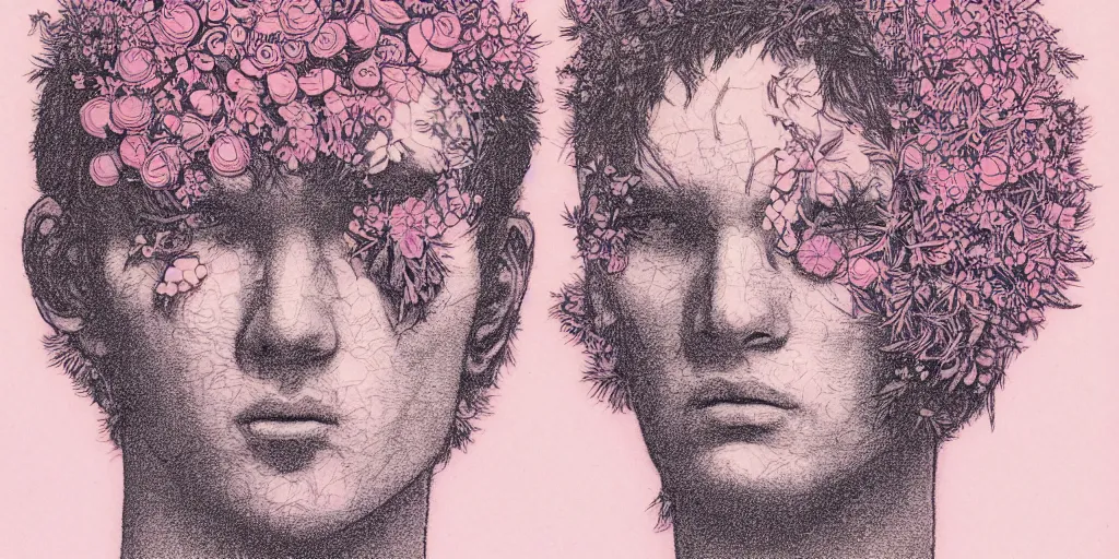 Image similar to risograph grainy drawing protagonist face, pastel colors, with huge piersing, face covered with plants and flowers, by moebius and satisho kon and dirk dzimirsky close - up portrait, hyperrealistic