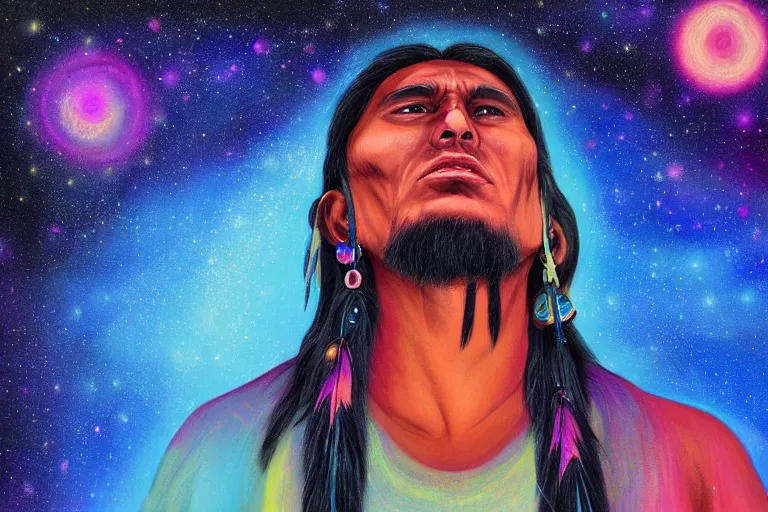 Image similar to digital art of a spiritual native american man looking up at the stars, acrylic art, universe, painting, pastel colors, synthwave, retro, cyberpunk,