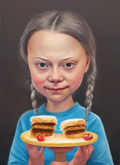 Image similar to greta thunberg eating cakes painted by nicoletta ceccoli, detailed digital art, trending on Artstation