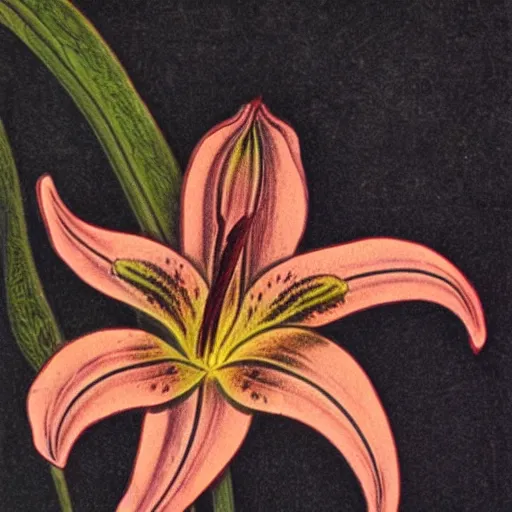 Prompt: “antique, hand-colored lithograph of a lily, by Elizabeth Twinning”