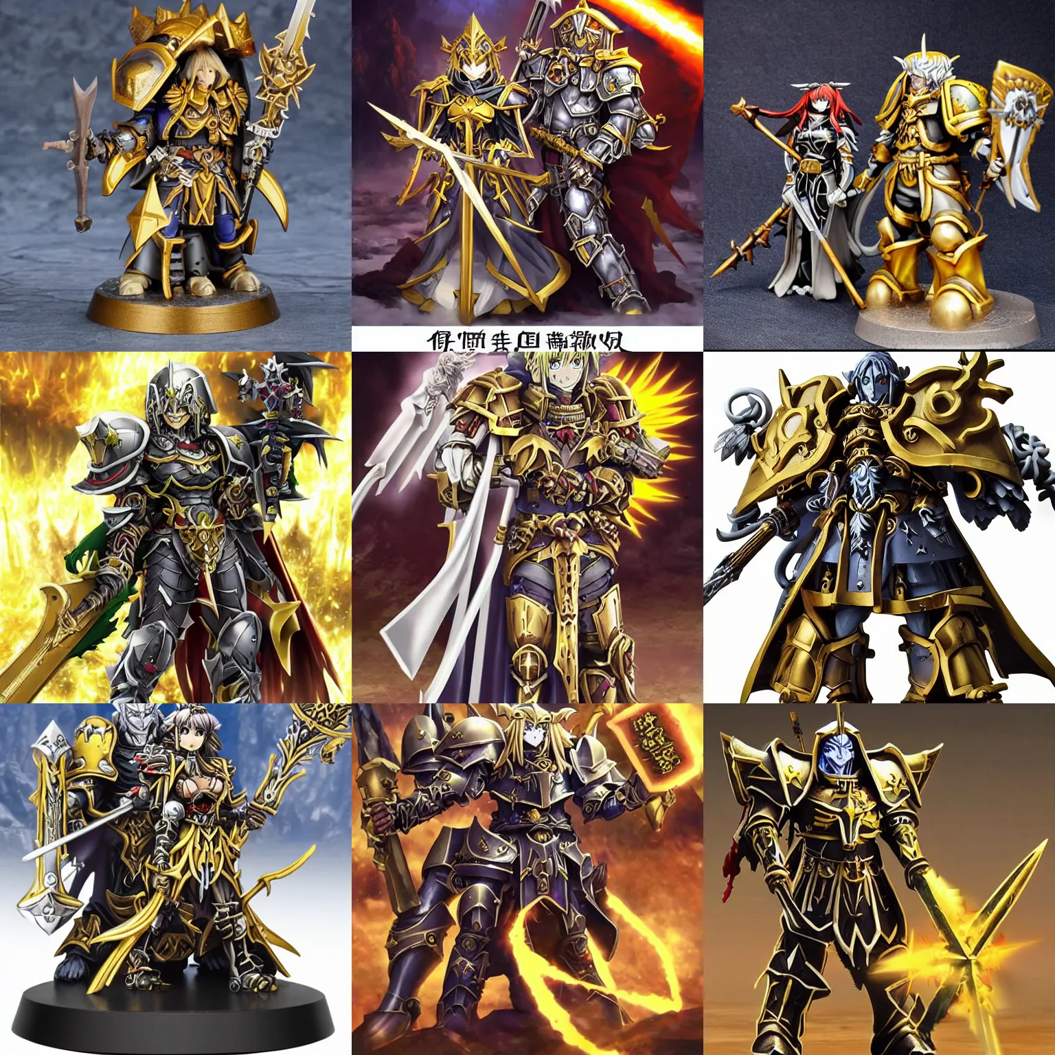Prompt: goblin slayer anime priestess and warhammer 40k God-Emperor of Mankind dressed in his glowing golden power armor