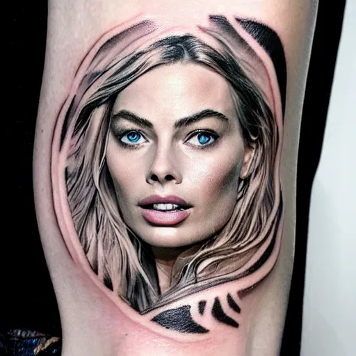 Prompt: face morph tattoo design sketch of beautiful mountain scenery blend in margot robbie face, in the style of matteo pasqualin, amazing detail