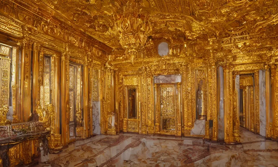 Prompt: interior shot of a beautiful golden oriental palace