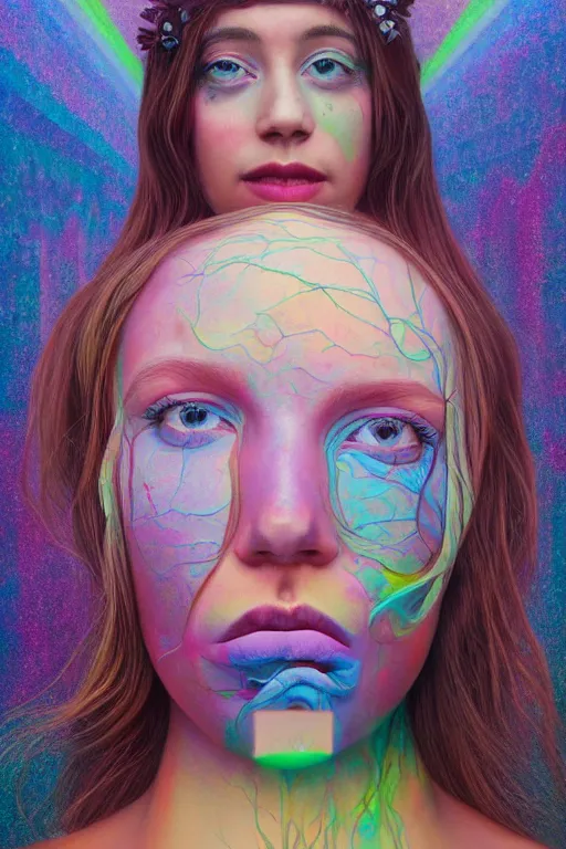 Image similar to acid tripping midsommer girl third eye open, chakra energy waves resonating from her body, ethereal aura, epic surrealism 8k oil painting, portrait, perspective, high definition, post modernist layering, by Sean Yoro, Casey Weldon