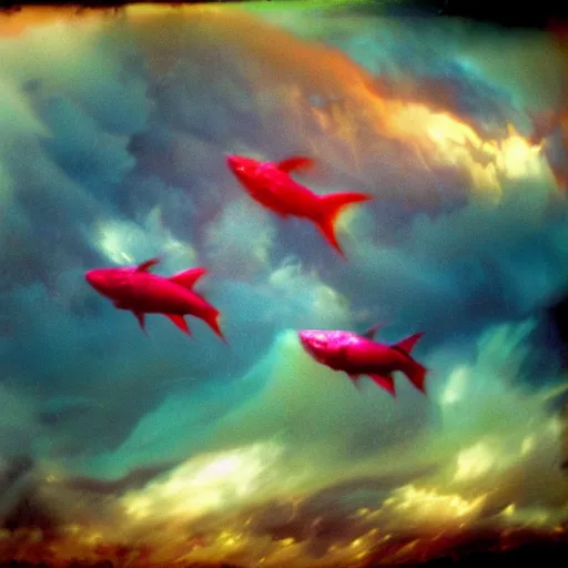 Prompt: film photography of a three headed fish swimming through colourful clouds by Kim Keever, low shutter speed, 35mm