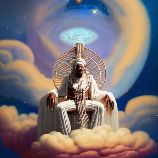 Prompt: obatala the cosmic god sitting on a throne of nebula clouds, by Afarin Sajedi and michael whelan, matte painting, orisha, 8k, hd