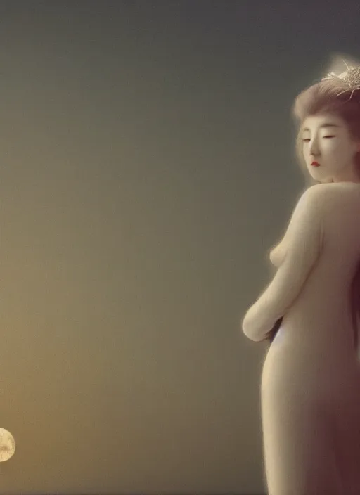 Prompt: beatifull pale wan woman, feminine goddes, side view, lit by the moon, adorable korean face silver hair!!, style of fernand khnopff and lucien levy - dhurmer, 4 k resolution, aesthetic!,