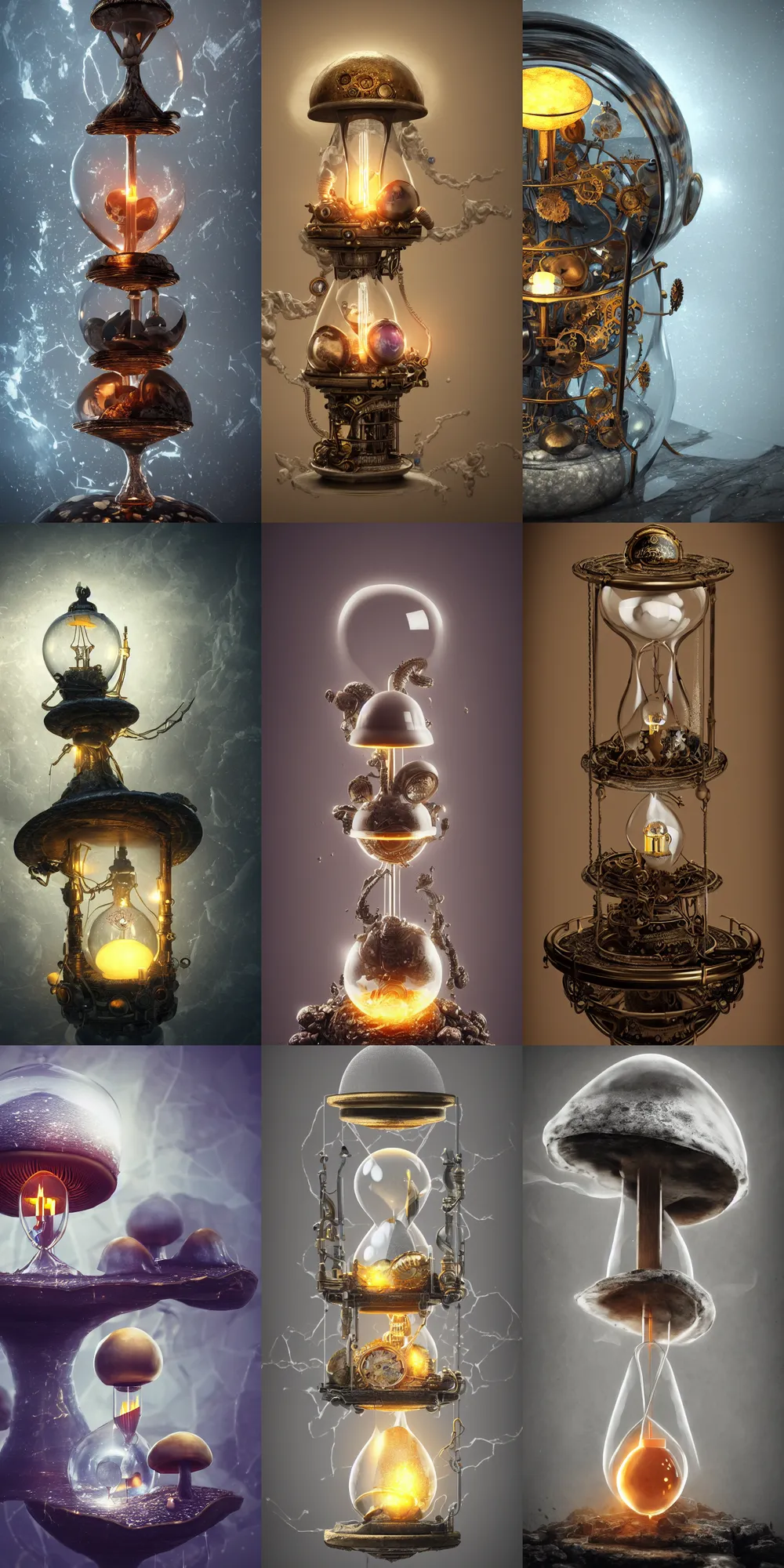 Prompt: steampunk mushroom inside a marble, hourglass, lightning, intricate detail, volumetric lighting, epic composition, hyper detailed, ultra realistic, sharp focus, octane render, candle, volumetric, ray tracing, artstation trending, cgsociety, sense of awe, swirling mist, 4 k