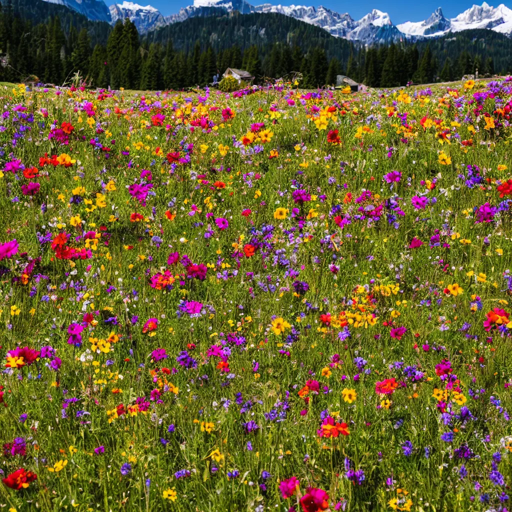 Prompt: a colourful flower meadow in the alps, sunny weather, Carl Zeiss 35mm vintage lens, bokeh