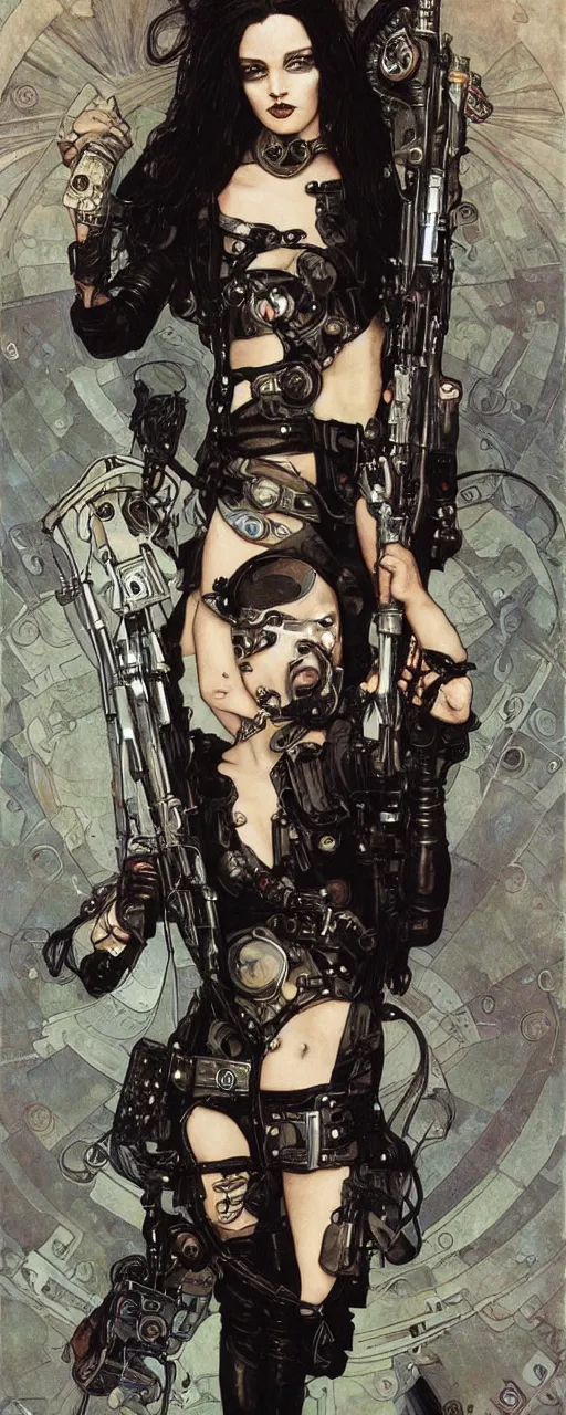 Image similar to striking sensual industrial art nouveau style portrait of cristina franco as a cyberpunk heavy metal rebel soldier by travis charest, simon bisley and alphonse mucha, photorealism, extremely hyperdetailed, perfect symmetrical facial features, perfect anatomy, ornate declotage, weapon, latex, excited expression, wild eyes