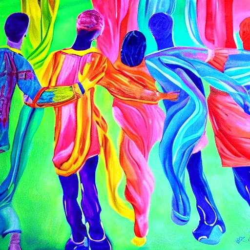 Image similar to painting people dancing wrapped up in ribbons of color